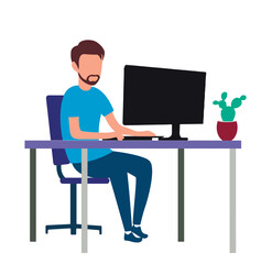 A man works remotely online