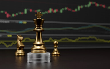 Gold Chess with money investment ,financial market, emulation and planning concept, 3D render