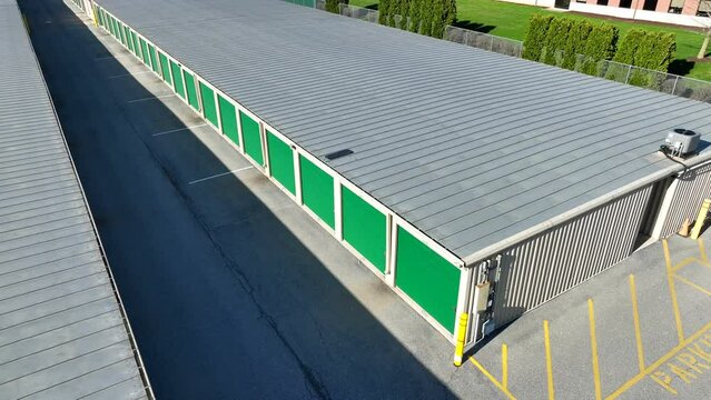 Drone shot revealing self-storage facility units in USA