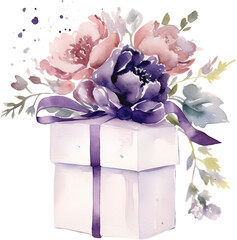 Gift box with flowers. Hand drawn watercolor illustration on white background