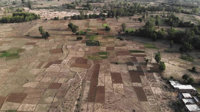 Aerial view of empty field before plantation or after harvesting, drone view of the farm in Jharkhand, India.