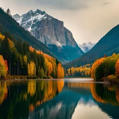 Abwaschbare Fototapete Reflection A serene mountain landscape with snow-capped peaks piercing through the clouds, a tranquil alpine lake reflecting the vibrant colors of the surrounding autumn foliage