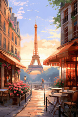 cafe in Paris with the Eiffel tower, ai generative