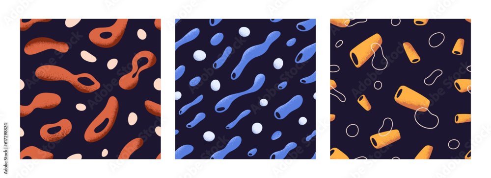 Aufkleber Seamless patterns set. Abstract fluid shapes, repeating print designs. Endless backgrounds with creative elements, figures flowing. Colored flat vector illustrations for textile, fabric, wallpaper