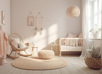 Child room interior with wicker cradle and rocking chair, Generative AI