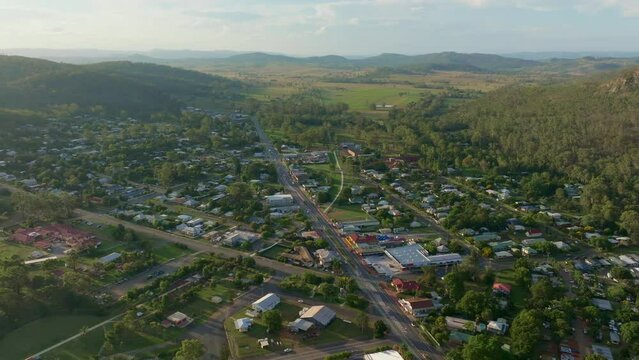 Wide Drone Aerial Of Small Australian Country Town Esk At Sunset, 4K Queensland