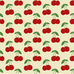 Cherry seamless pattern on light yellow background. Fruit wallpaper