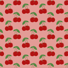 Cherry seamless pattern on pink background. Fruit wallpaper