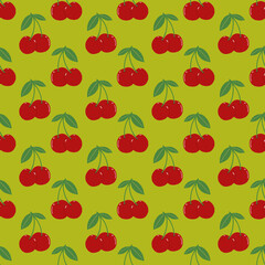 Cherry seamless pattern on lime green background. Fruit wallpaper.