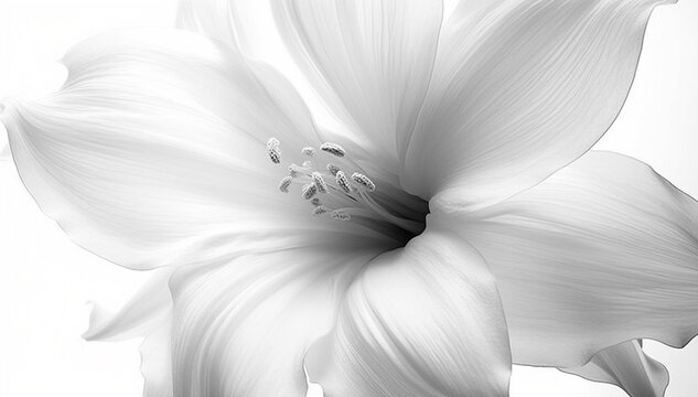 Black and white image of the delicate petals of a Lilly flower against a white background beautiful soft nature design