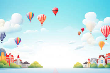 Air balloon, blue sky and village with copy space background graphic design illustration.