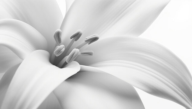 Black and white image of the delicate petals of a Lilly flower against a white background beautiful soft nature design