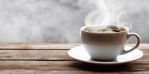 Fototapeta premium Fresh Espresso Coffee on Wooden Table. Closeup of Hot Aroma and Breakfast Morning Drink with Cup and Background Cafe