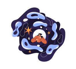 New unknown experience concept. Person discovering, exploring, studying strange space, learning astrology. Woman finding opportunities. Flat graphic vector illustration isolated on white background