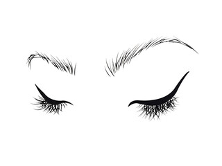 Line drawing of the eyes and eyebrows of a woman's face. black line and white wallpaper.