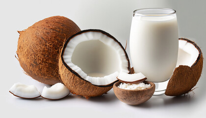 Coconut and a glass of coconut milk isolated on white background.
