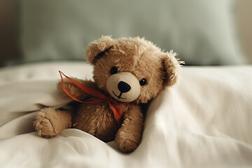 Teddy bear with bandage laying in bed. Generative AI