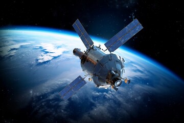 Orbiting Satellite in Space. AI - obrazy, fototapety, plakaty