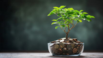 A little tree growth on coins in jar. Money management invest concept. 