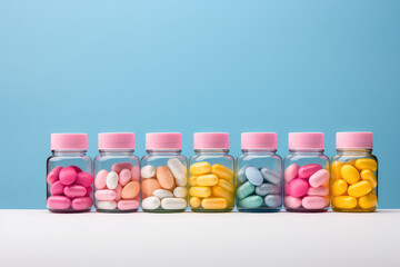 Multicolored capsules and pills in percolated plastic vials stand in a row on light blue background. Pastel colors palette. Generative AI 3d render illustration imitation. - obrazy, fototapety, plakaty