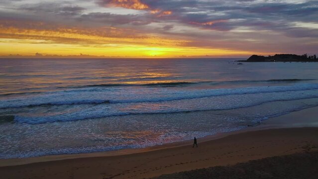 Early morning colourful aerial seascape with clouds at Terrigal Beach on the Central Coast, NSW, Australia.