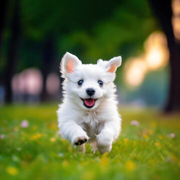 Cute baby dog running on the grass