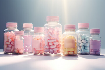Multicolored capsules and pills in percolated plastic vials stand in a row on a grey background, package template. Pastel colors palette. Generative AI 3d render illustration imitation.