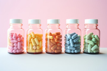 Multicolored capsules in percolated plastic vials stand in a row on a pink background. Pastel colors palette. Generative AI 3d render illustration imitation. - obrazy, fototapety, plakaty