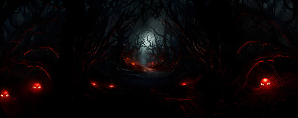 une forêt sombre, arrière-plan pour halloween, thème horreur - panoramique - IA générative