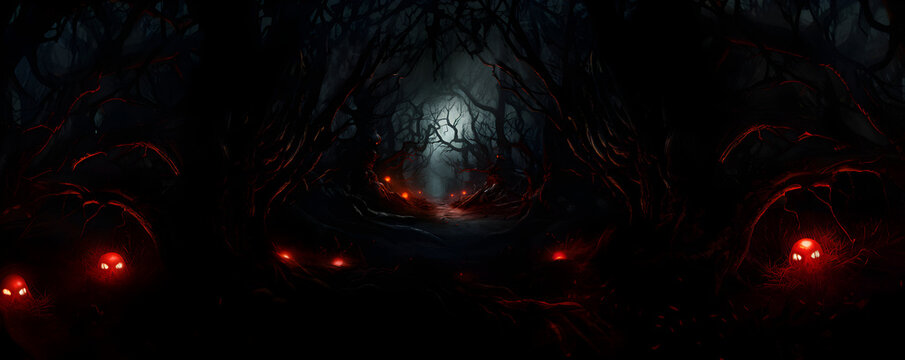 une for&ecirc;t sombre, arri&egrave;re-plan pour halloween, th&egrave;me horreur - panoramique - IA g&eacute;n&eacute;rative