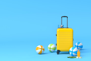 Colorful suitcase or baggage with beach accessories on blue background.