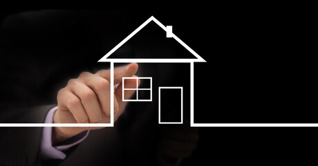 Businessman hold house icon.Smart home controlled, intelligent house, and home automation app concept.Pcb design and person with smart phone. Innovation technology internet Network Concept