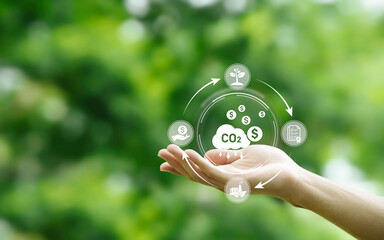 Carbon credit or CO2 trading market. Carbon tradable certificates for buy-sell. Business and...