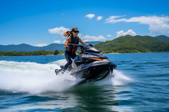 Athletic girl on a jet ski in a wetsuit rides on water against the backdrop of mountains.