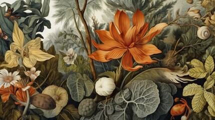 Detailed illustrations of plants, leaves, and botanical elements. AI generated