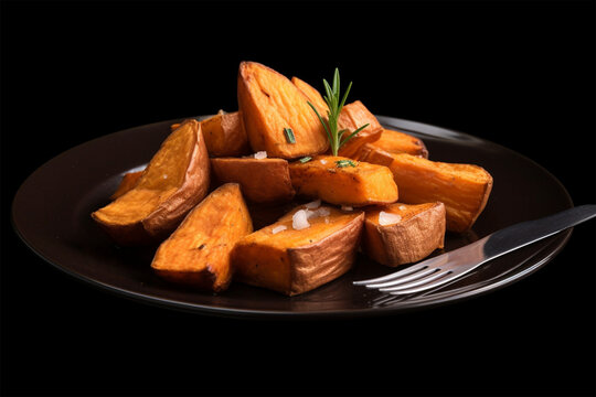fried sweet potato on a plate, ultra hd black background