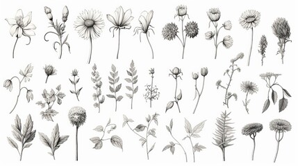 Simplified line drawings of flowers and plants. AI generated