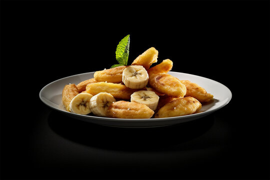 fried bananas on a plate, ultra hd black background