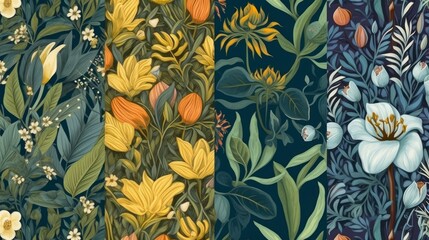 Seamless patterns featuring botanical elements. AI generated
