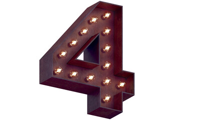 Light bulb glowing digit alphabet character 4 four font. Perspective view illuminated number 4 symbol on transparent background. 3d rendering illustration. PNG alphabet.