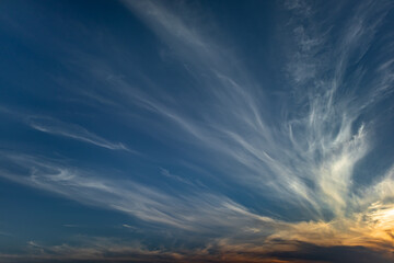 Naklejka na ściany i meble Cirrus cloud in the sky against the blue sky and sunset. Natural sky background