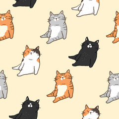 Seamless Pattern with Cartoon Cat Design on Light Yellow Background