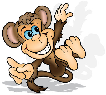 Funny Blue-eyed Brown Monkey with Big Smile in a Jump