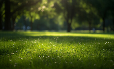Green grass with dew drops in the park, soft focus background
