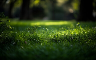 Naklejka premium Green grass with dew drops in the park, soft focus background