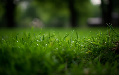 Green grass in the park. Selective focus and shallow depth of field. Generative AI