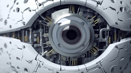 A close-up of the eye of a white AI robot, Generative AI