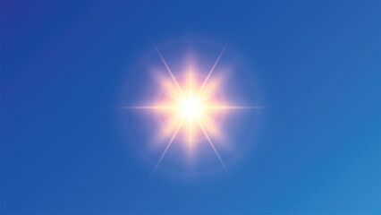Vector sunlight special lens flare light effect. Golden light with glare. Sun rays, dawn, glare from the shining sun. Golden glowing light explodes on a sky blue background. bright flash light effect.
