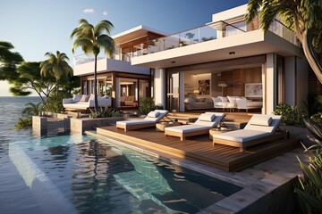 Fototapeta premium 3d rendering of a luxury villa with swimming pool and beach