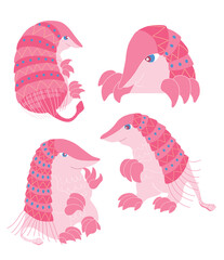 Pink Fairy Armadillo. Chlamyphorus truncatus. Flat vector Isolated on the white background. Unique Animals. This illustration is perfect for postcards, invitation cards and stickers